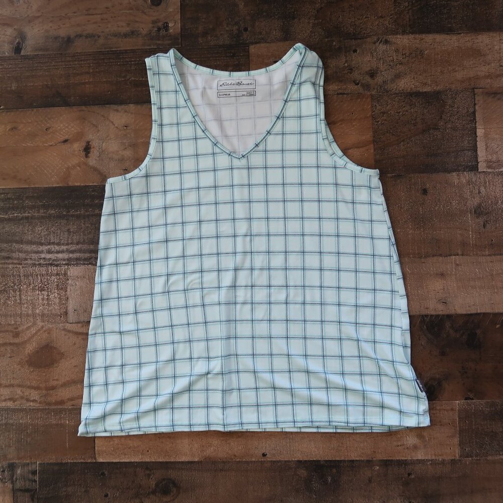 Eddie Bauer Sleepwear Womans Large Teal Aqua Plaid Sleeveless Tank Top PJs